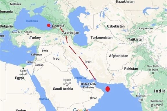 Map showing road from Iran to Armenia and north.