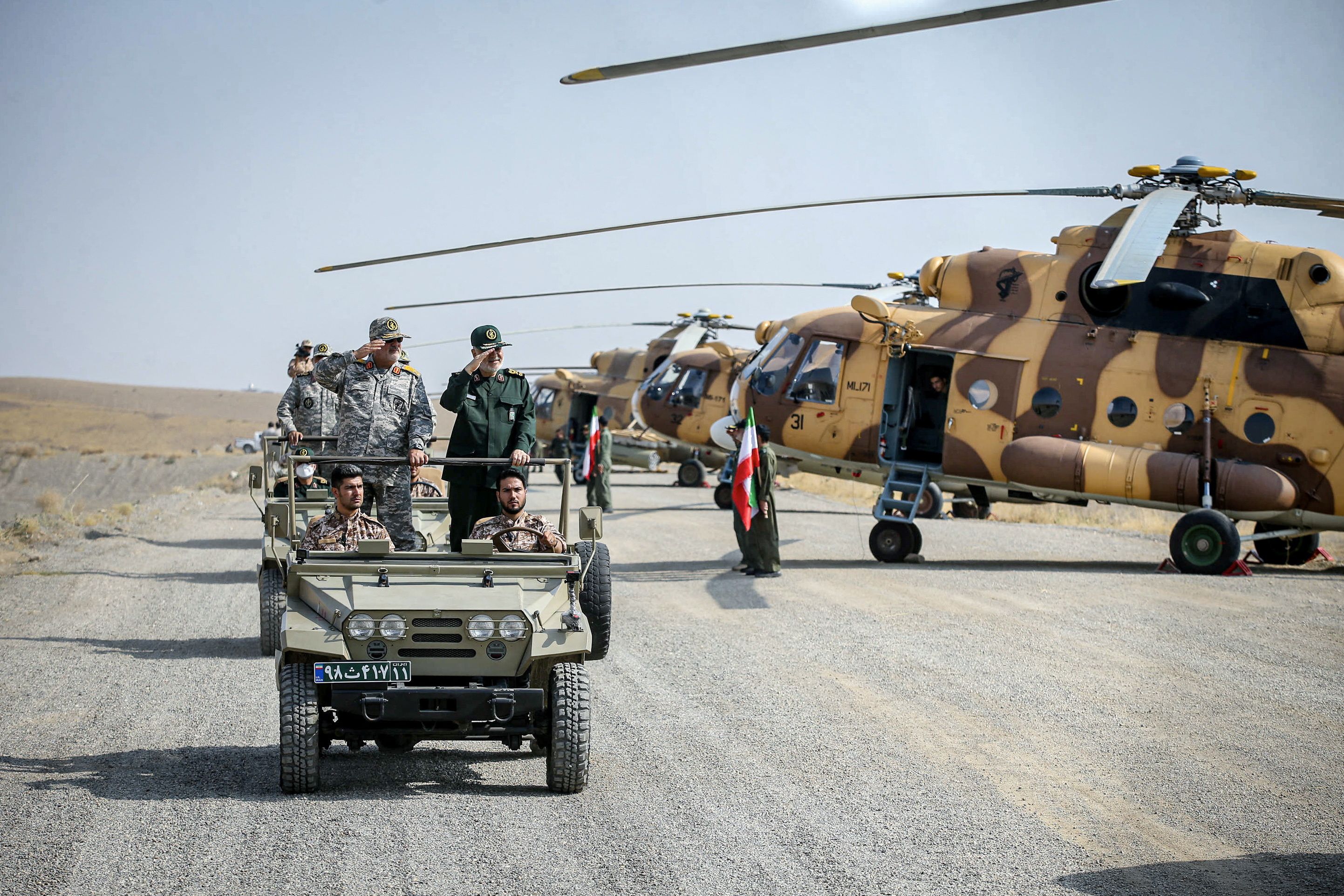 Islamic Revolutionary Guard Corps (IRGC) Commander-in-Chief Major General Hossein Salami reviews military equipment during an IRGC ground forces military drill in the Aras area, East Azarbaijan province, Iran, October 17, 2022.