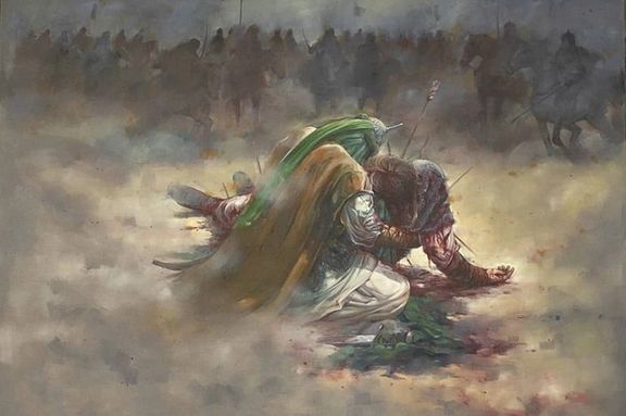A painting depicting the "martyrdom of Hussein" in Karbala.