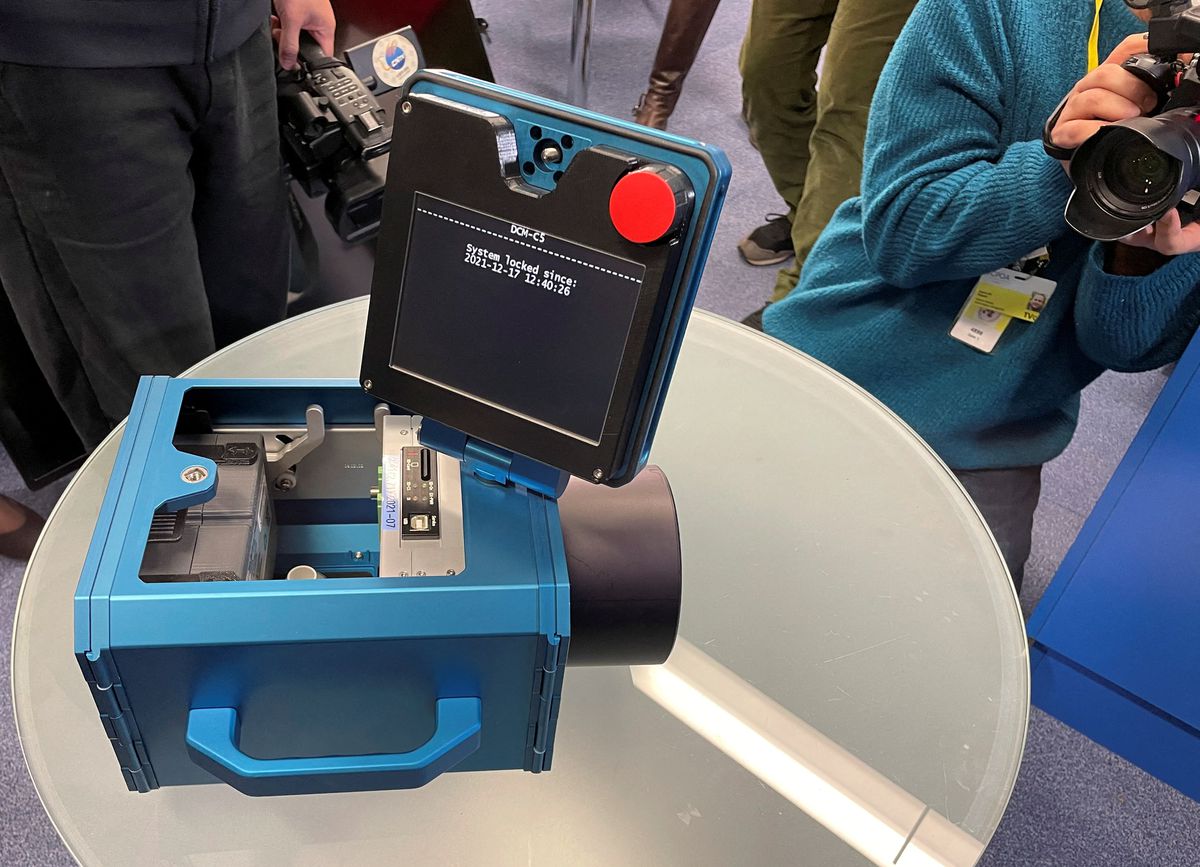 A surveillance camera presented by International Atomic Energy Agency Director General Rafael Grossi is seen at the agency's headquarters during a news conference in Vienna, Austria, December 17, 2021. 