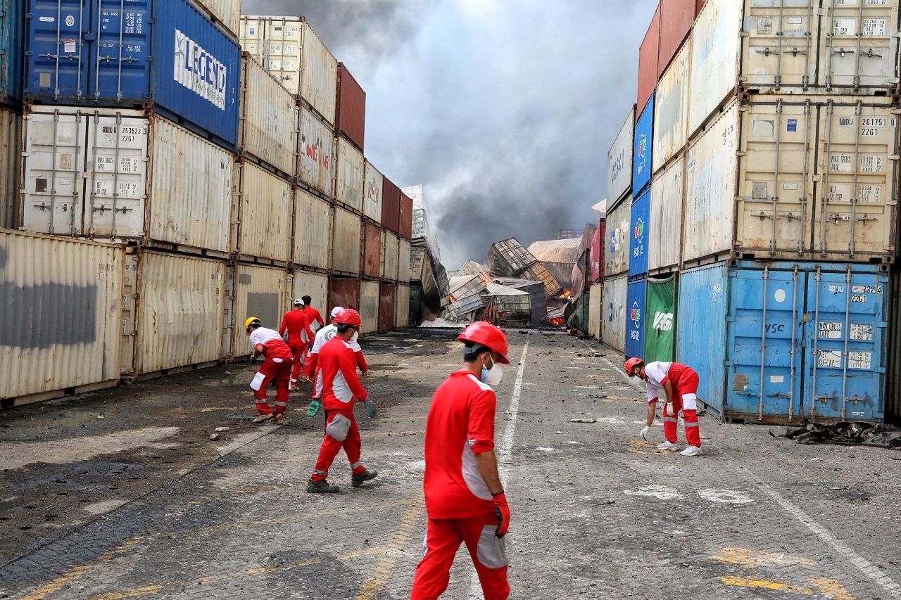 Iranian Red Crescent rescuers work following an explosion at the Shahid Rajaee port in Bandar Abbas, Iran, April 27, 2025.