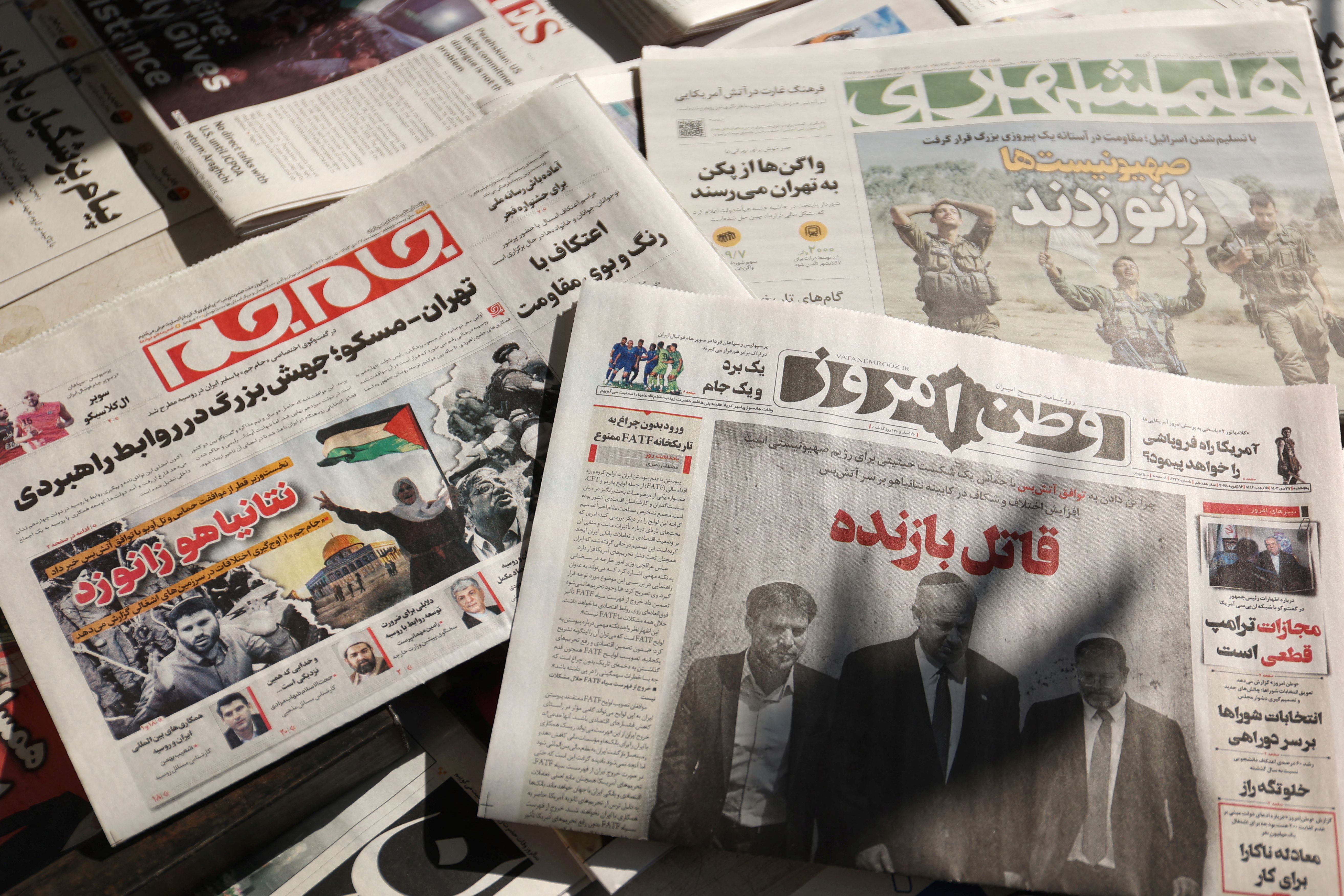 An Iranian newspaper with a cover photo of Israel's Prime Minister Benjamin Netanyahu is seen after the news of a ceasefire between Hamas and Israel, in Tehran, Iran, January 16, 2025. 