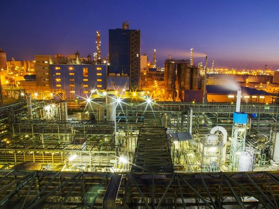 A night view of a petrochemical plant in Khuzestan province, Iran
