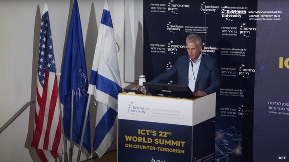 David Barnea, the head of the Israeli Mossad, speaking at an annual conference of the Institute for Counter-Terrorism Policy (ICT) at Reichman University in Herzliya on September 10, 2023