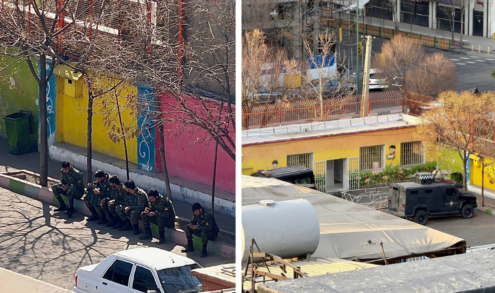 در تهران، گزارش شاهدان عینی و تصاویر ارسال‌شده برای ایران‌اینترنشنال در۱۶  اسفند از محله تهرانپارس نشان می‌دهد خودروهای یگان ویژه پلیس در حیاط دبستان پسرانه هاشمی‌نژاد در بلوار پروین، در کنار مدرسه دخترانه بنت‌الهدی مستقر شده‌اند