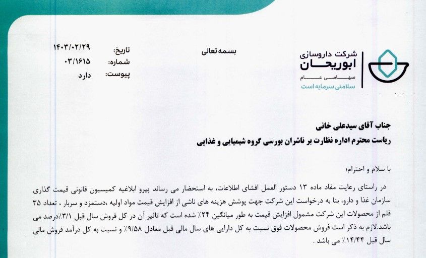 همزمان با صدور اطلاعیه سازمان غذا و دارو، داروسازی ابوریحان اعلام کرد مجوز افزایش ۲۴ درصدی قیمت ۳۵ محصول خود را دریافت کرده است