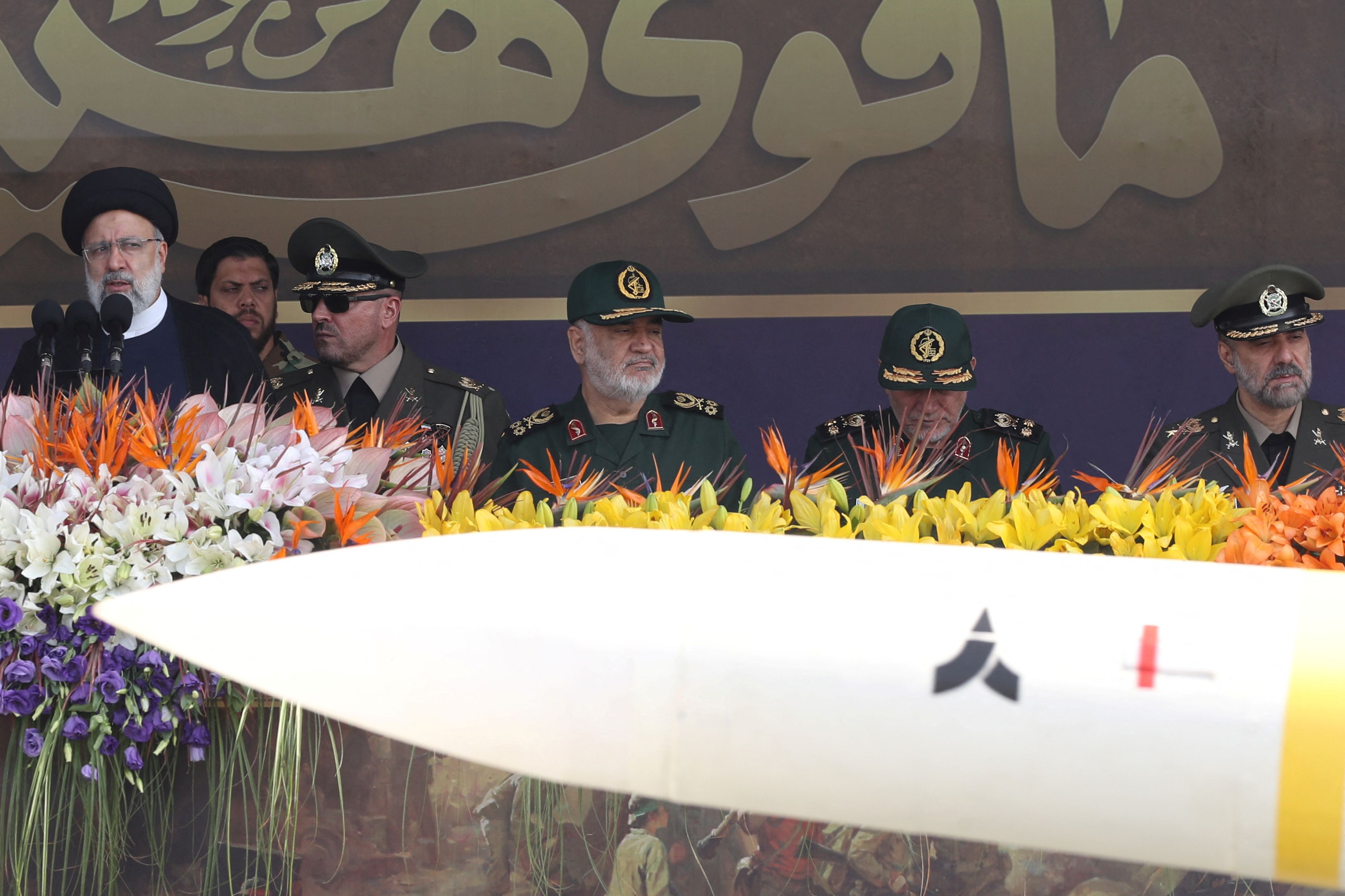 Iranian President Ebrahim Raisi delivers a speech during the annual military parade in Tehran, September 22, 2023. 