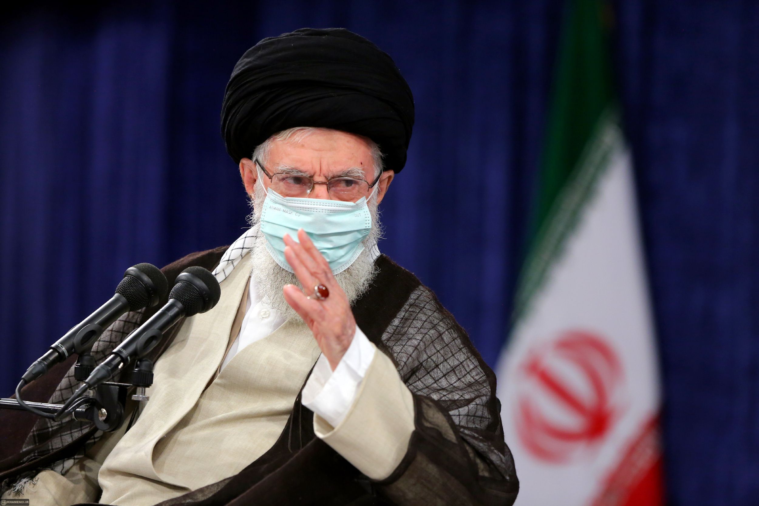 Iran’s ruler Ali Khamenei during a meeting with a group of nuclear experts and officials in Tehran on June 11, 2023 
