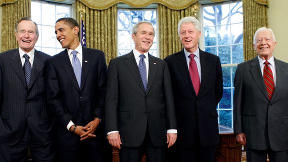 Former President George H.W. Bush, President-elect Barack Obama, President George W. Bush, former President Bill Clinton and former President Jimmy Carter meet in the Oval Office of the White House in Washington, January 7, 2009.