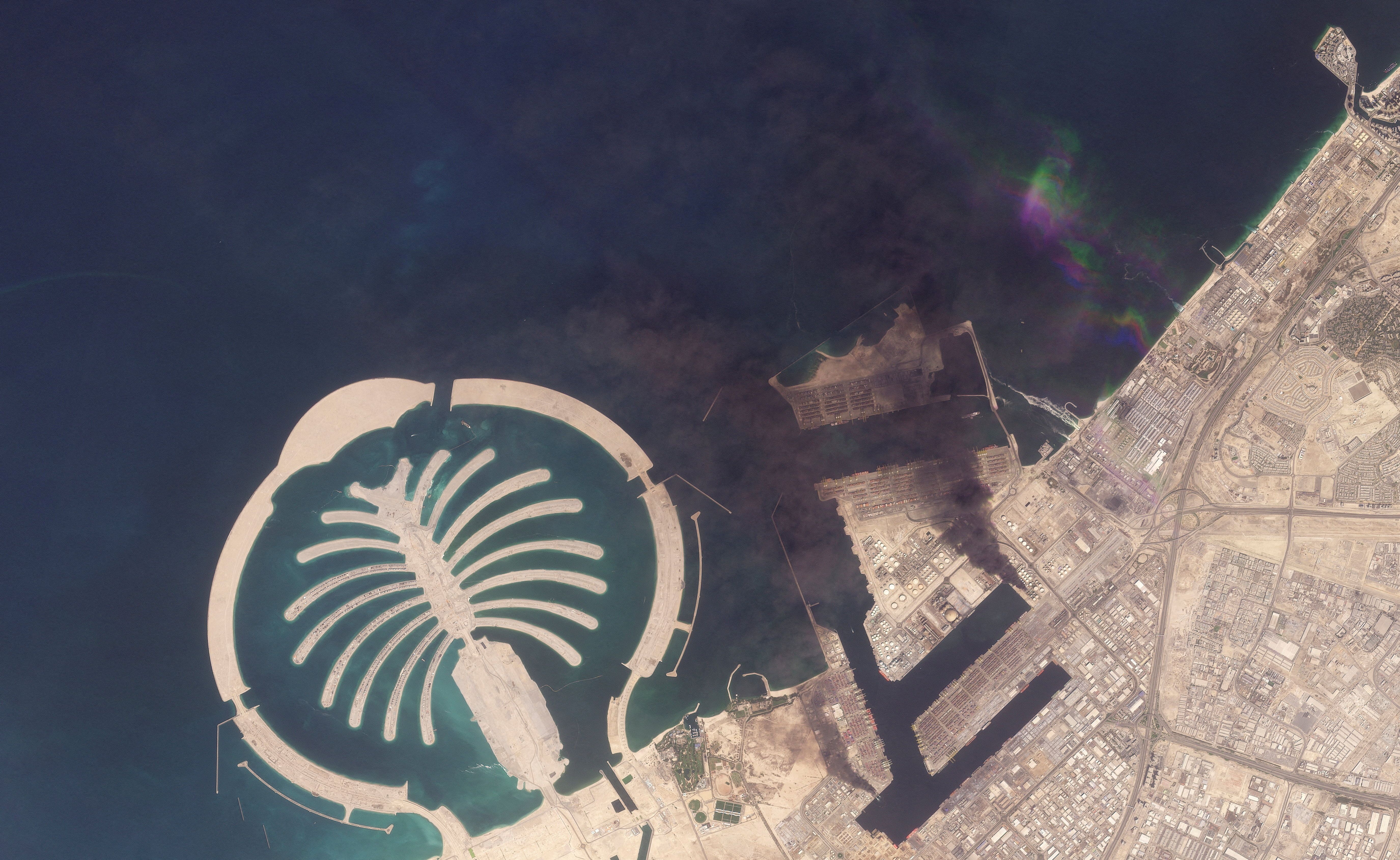 A satellite image of Jebel Ali Port, after one of the berths caught fire because of debris from an intercepted missile, in Dubai, United Arab Emirates, on March 1, 2026.