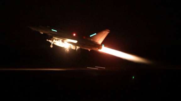 An RAF Typhoon aircraft takes off to join the US-led coalition from RAF Akrotiri to conduct air strikes against military targets in Yemen, aimed at the Iran-backed Houthi militia, in Cyprus, January 12, 2024.