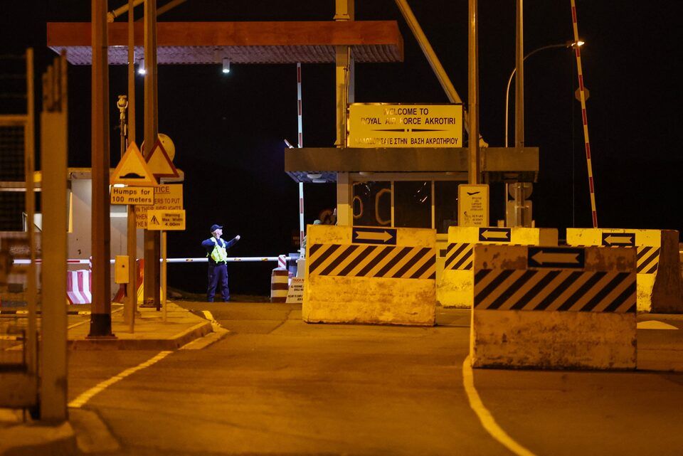 Entrance to the RAF Akrotiri, a British sovereign base in Cyprus, which was hit by an unmanned drone overnight, causing limited damage, after sirens sounded, in Cyprus March 2, 2026.