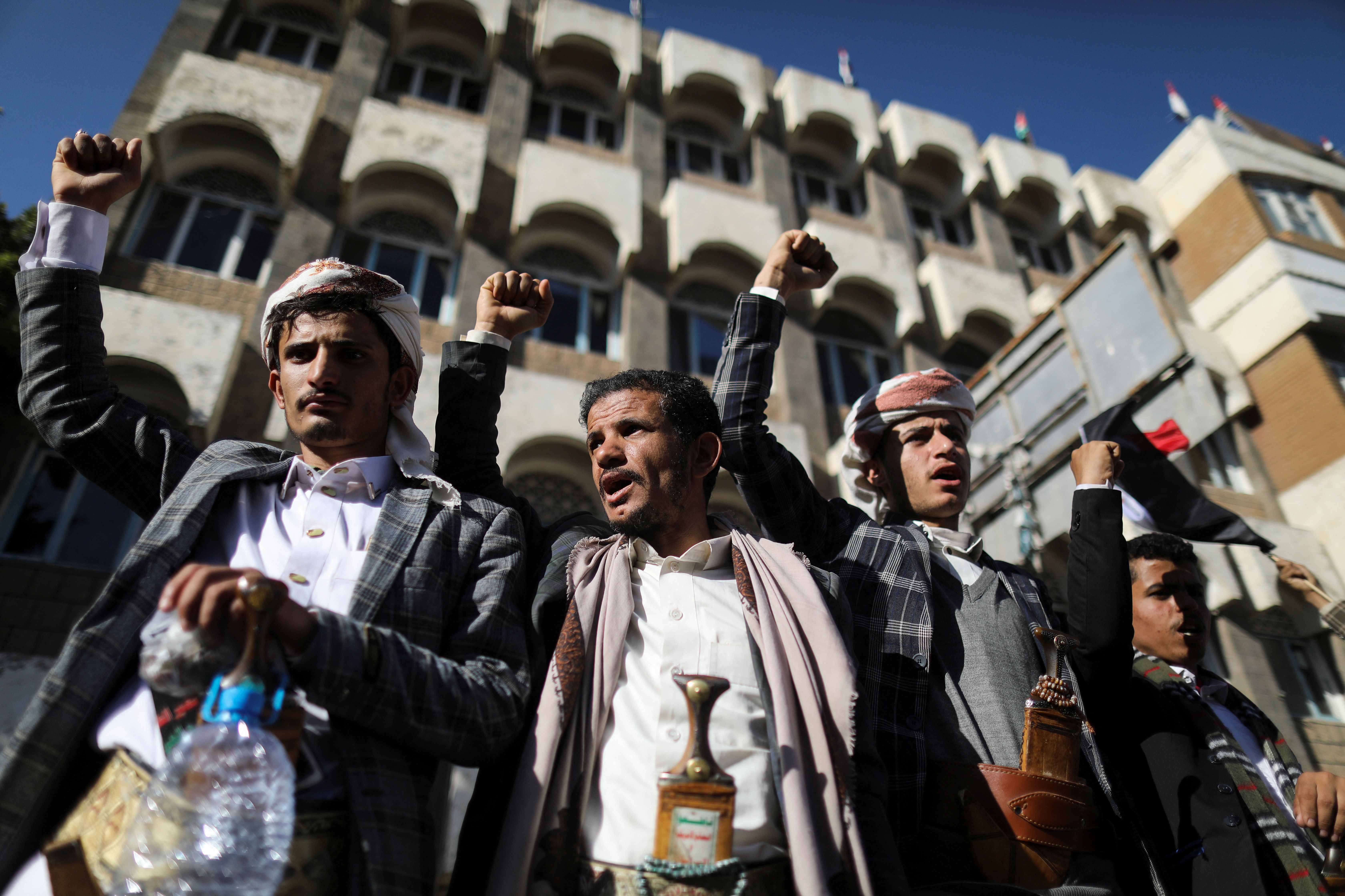 Protesters take part in a demonstration in solidarity with Palestinians in the Gaza Strip, amid the ongoing conflict between Israel and the Palestinian Islamist group Hamas, in Sanaa, Yemen December 8, 2023. 