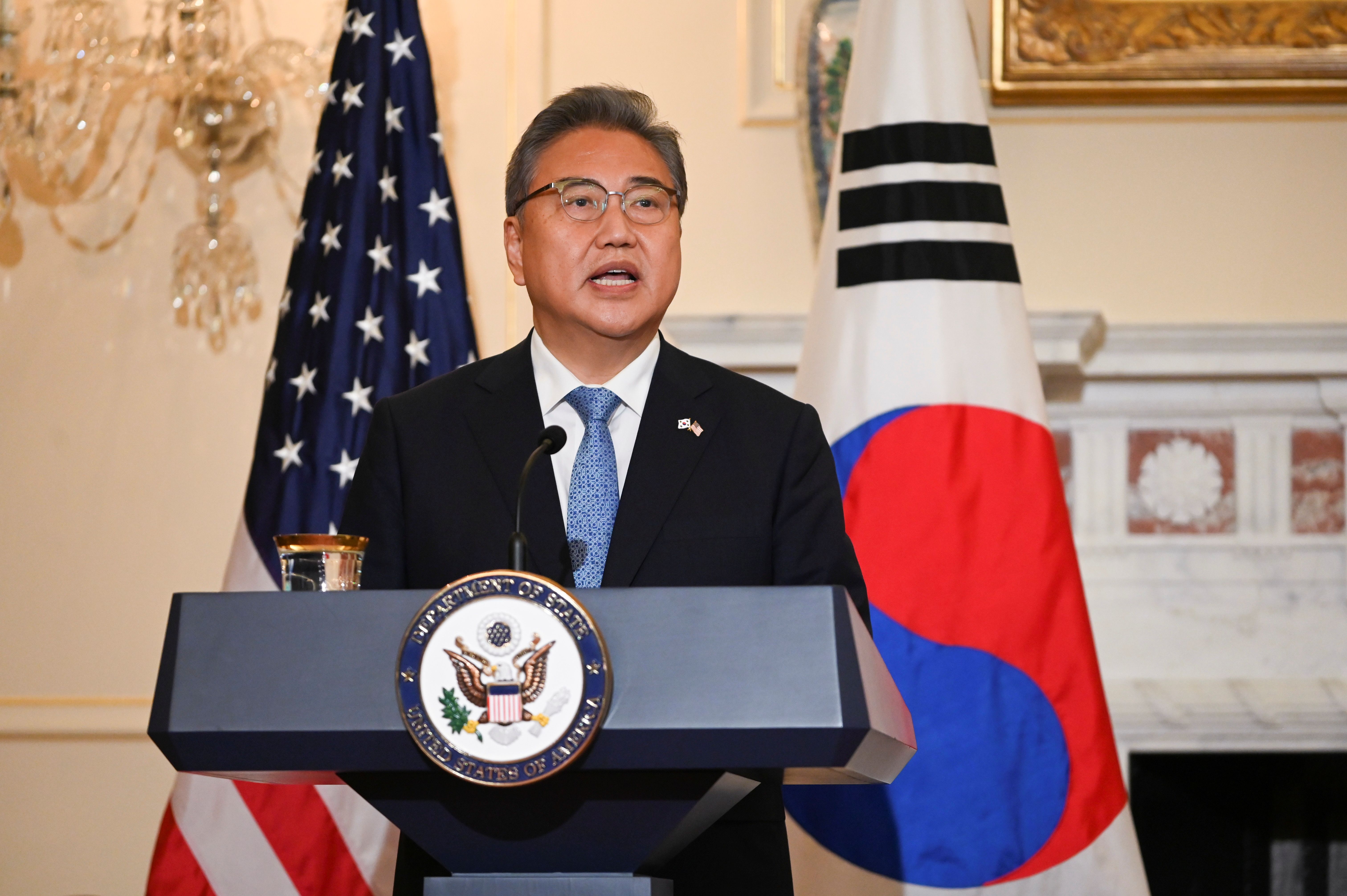 South Korea's Foreign Minister Park Jin speaks during a press conference, after a meeting with U.S. Secretary of State Antony Blinken (not pictured) at the US State Department in Washington, June 13, 2022. 