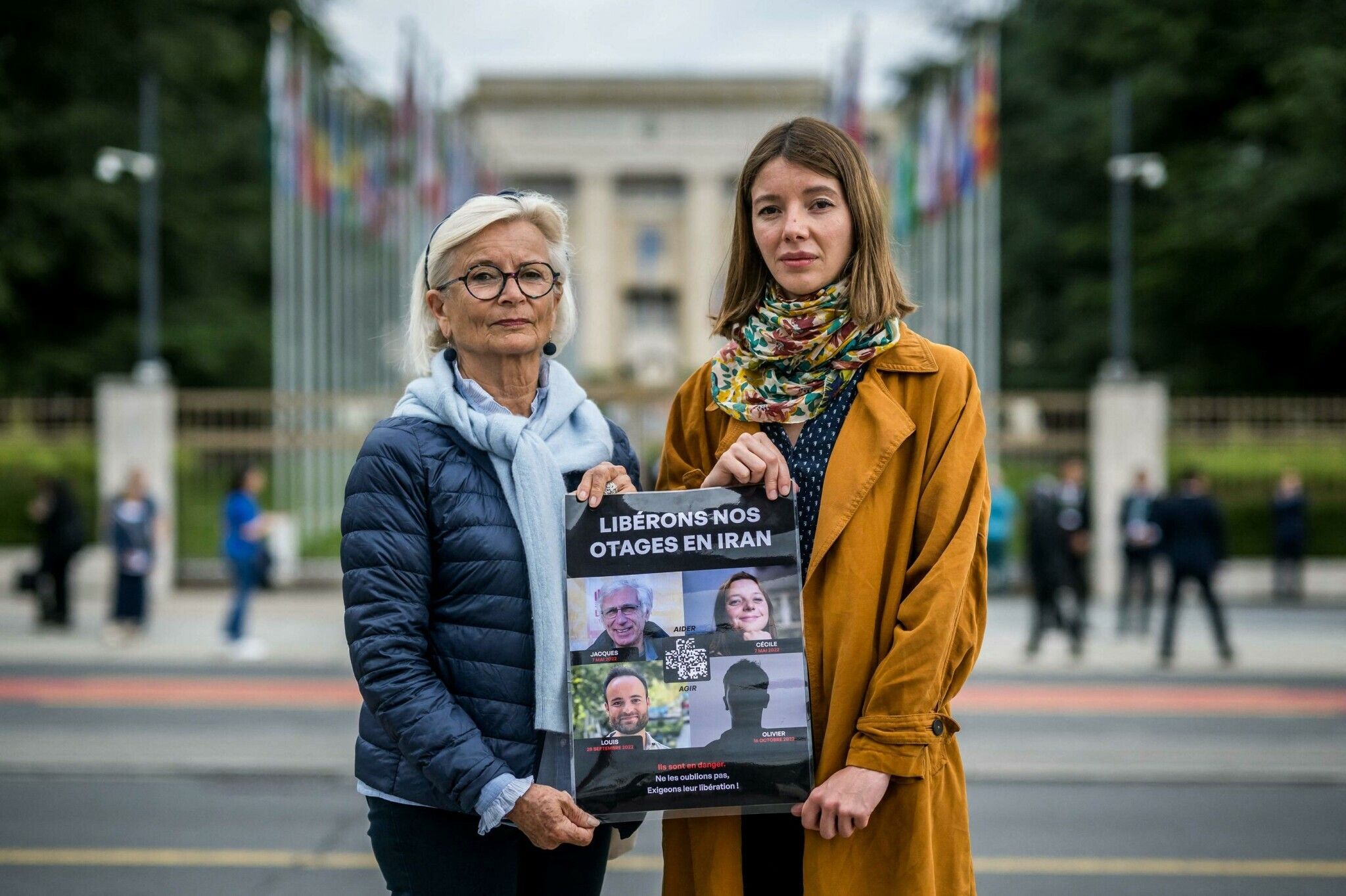 Families of three French citizens imprisoned in Iran in front of the UN building in Geneva 