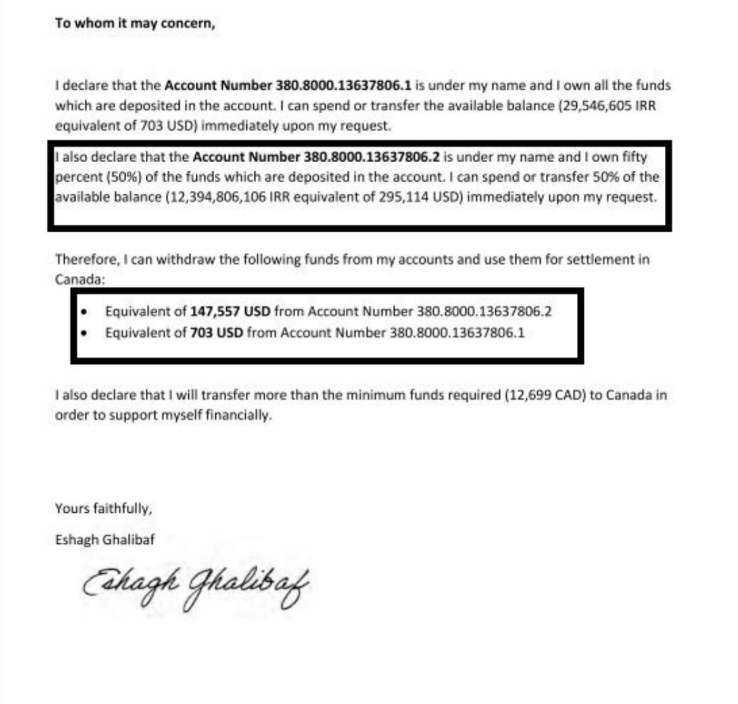 A sample page of the immigration documents of Es’hagh Ghalibaf, the son of Iran’s Parliament Speaker Mohammad Bagher Ghalibaf  