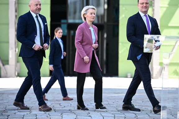 President of the European Commission Ursula von der Leyen, Chairman of the CDU/CSU parliamentary group Jens Spahn and Parliamentary group leader of the CSU Alexander Hoffmann attend the opening press conference of the CDU/CSU parliamentary group’s executive committee meeting in Berlin on April 27, 2026.