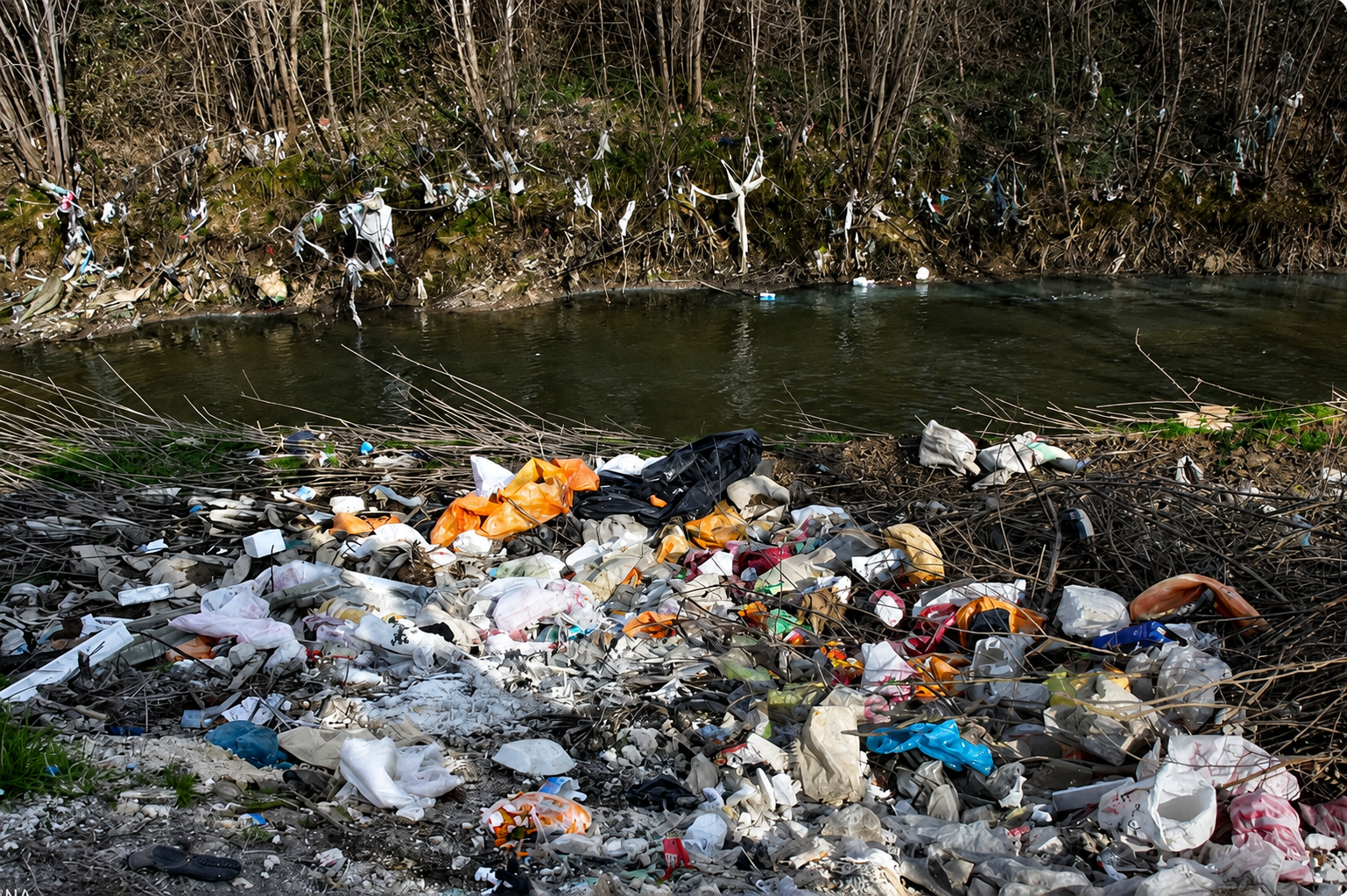 Plastic bags, bottles and other household waste cover the bank of a river in Iran.
