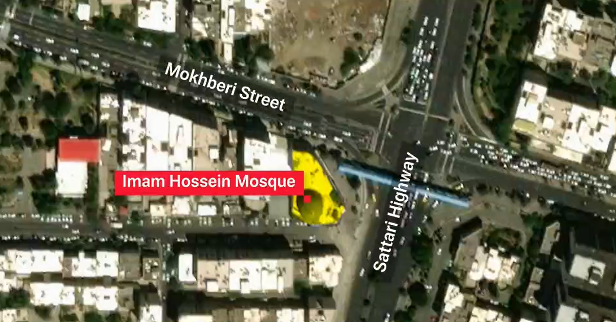 Satellite image showing Imam Hossein Mosque at the intersection of Sattari Highway and Mokhbari Street in western Tehran, Iran.