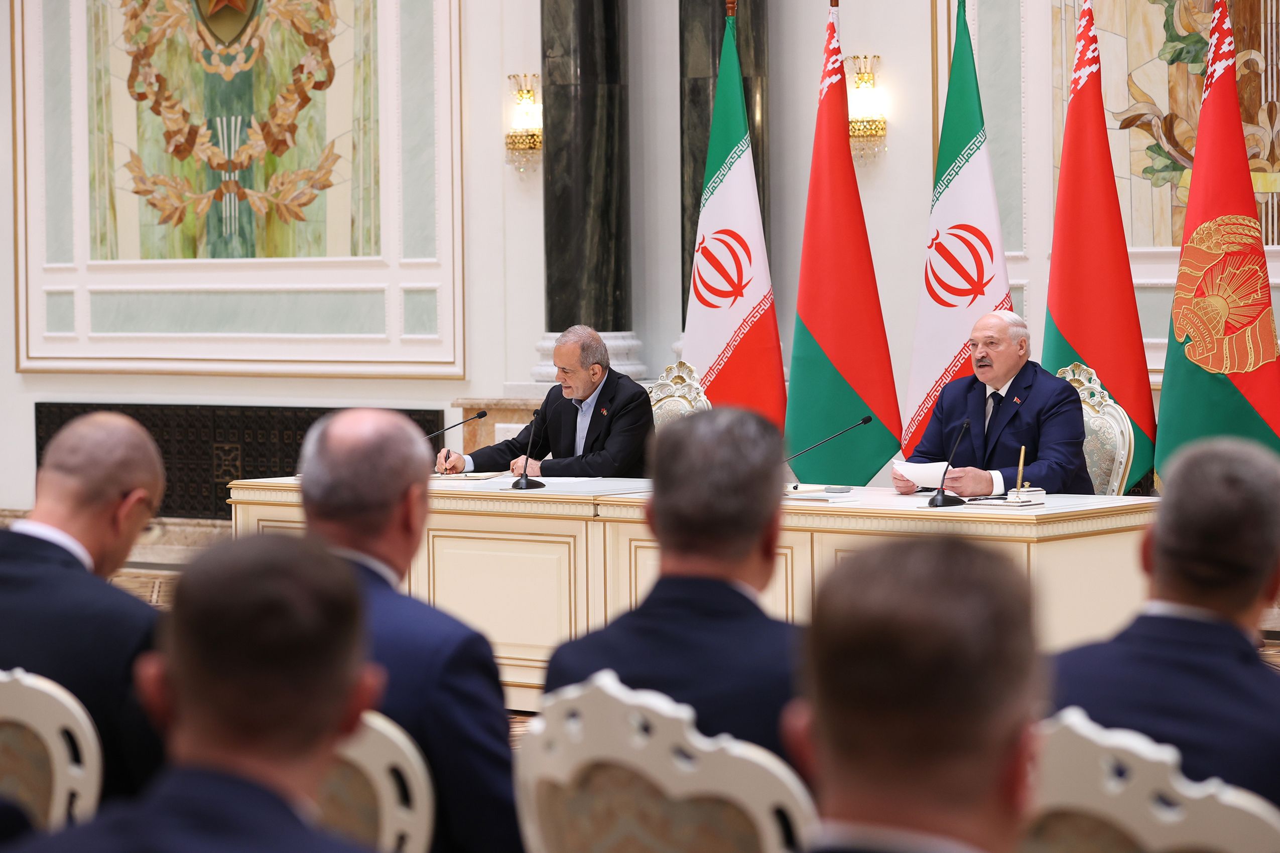 Belarusian President Alexander Lukashenko and Iranian President Masoud Pezeshkian during a meeting in Minsk, Belarus, August 20, 2025 