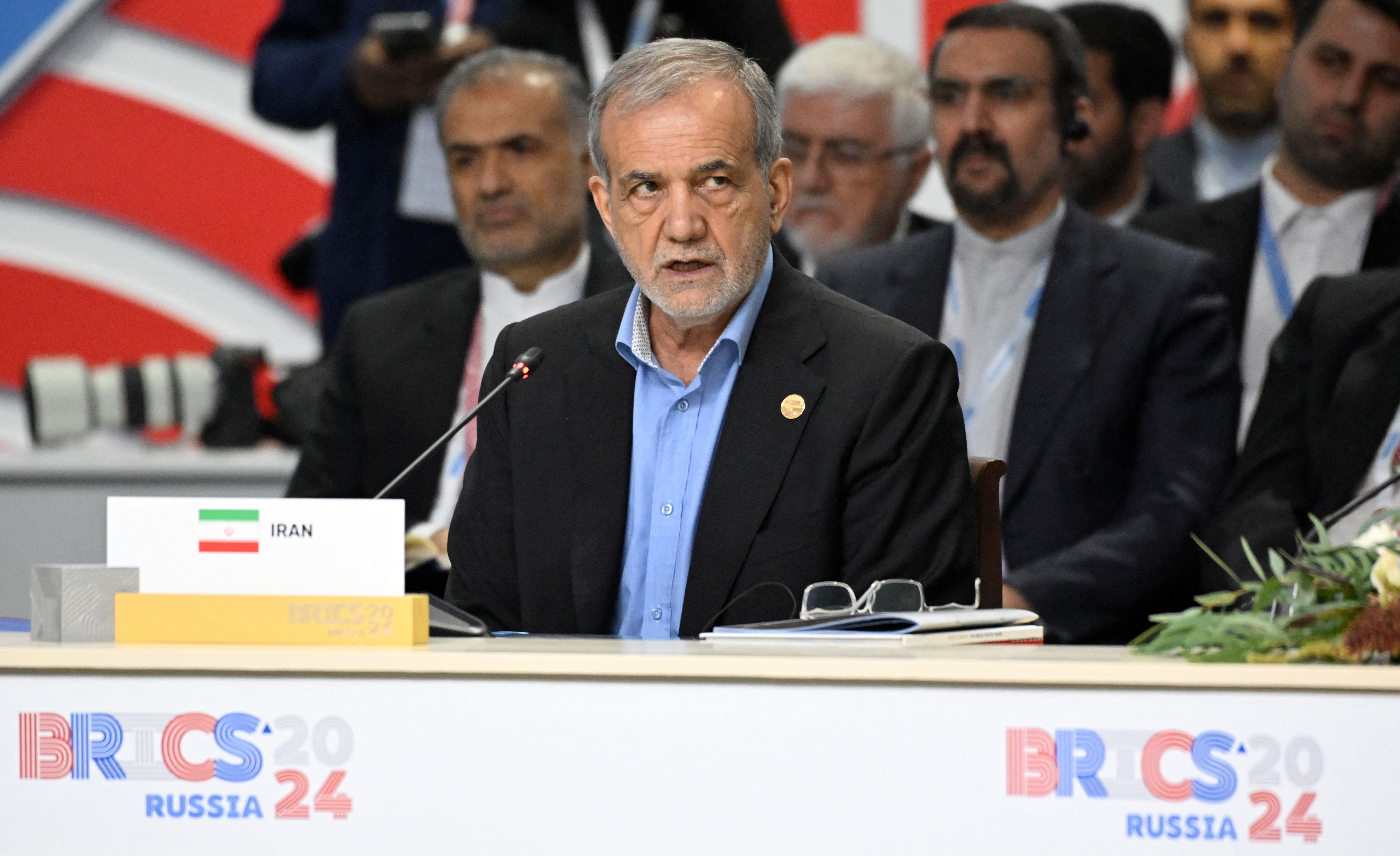 Iran's President Masoud Pezeshkian attends the extended format meeting of the BRICS summit in Kazan, Russia on October 23, 2024. 