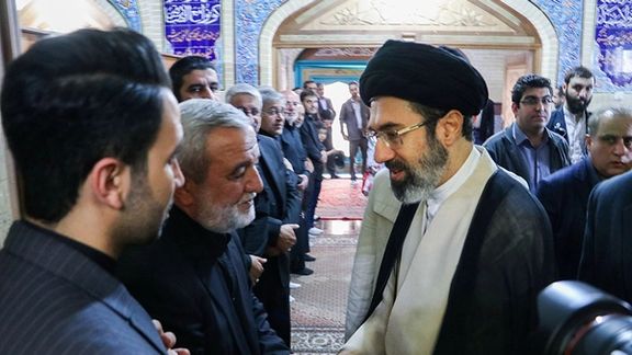 Supreme Leader Ali Khamenei's son, Mojtaba, speaking with Gen Jabbari at his mother's funeral in April 2017