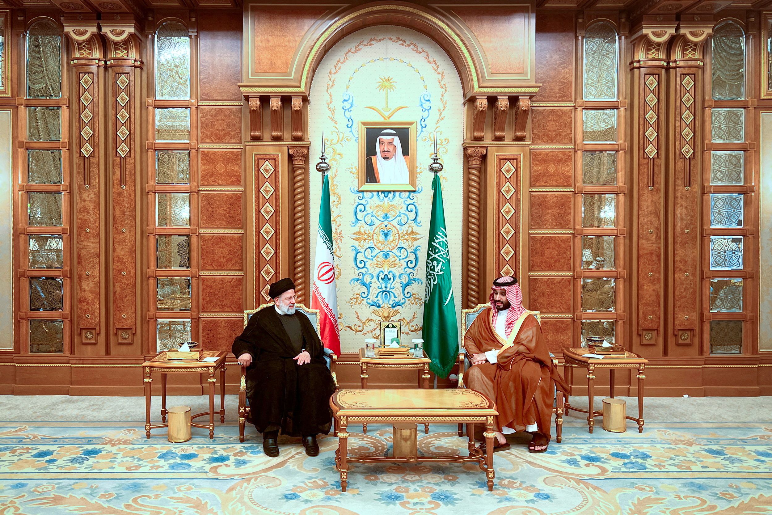 Iranian President Ebrahim Raisi meets with Saudi Crown Prince Mohammed bin Salman in Riyadh, Saudi Arabia, November 11, 2023.