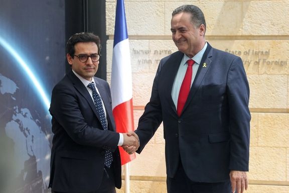 دیدار استفان سژورنه، وزیر امور خارجه فرانسه (سمت چپ) و یسرائیل کاتز، همتای اسرائیلی او (سمت راست)، اورشلیم، ۱۱ اردیبهشت