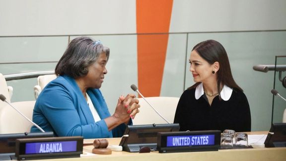 US ambassador Linda Thomas-Greenfield speaking with Iranian-born activist and actress, Nazanin Boniadi on November 2, 2022