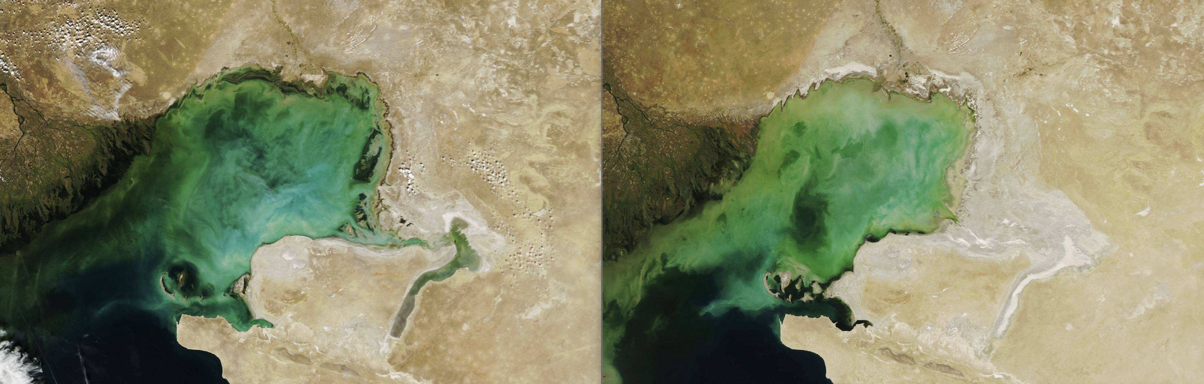 Comparative images from 2006 and 2022 show dramatically dropping water levels at the lake’s shallow northern side, revealing newly exposed dry land. (Source: NASA Earth Observatory)