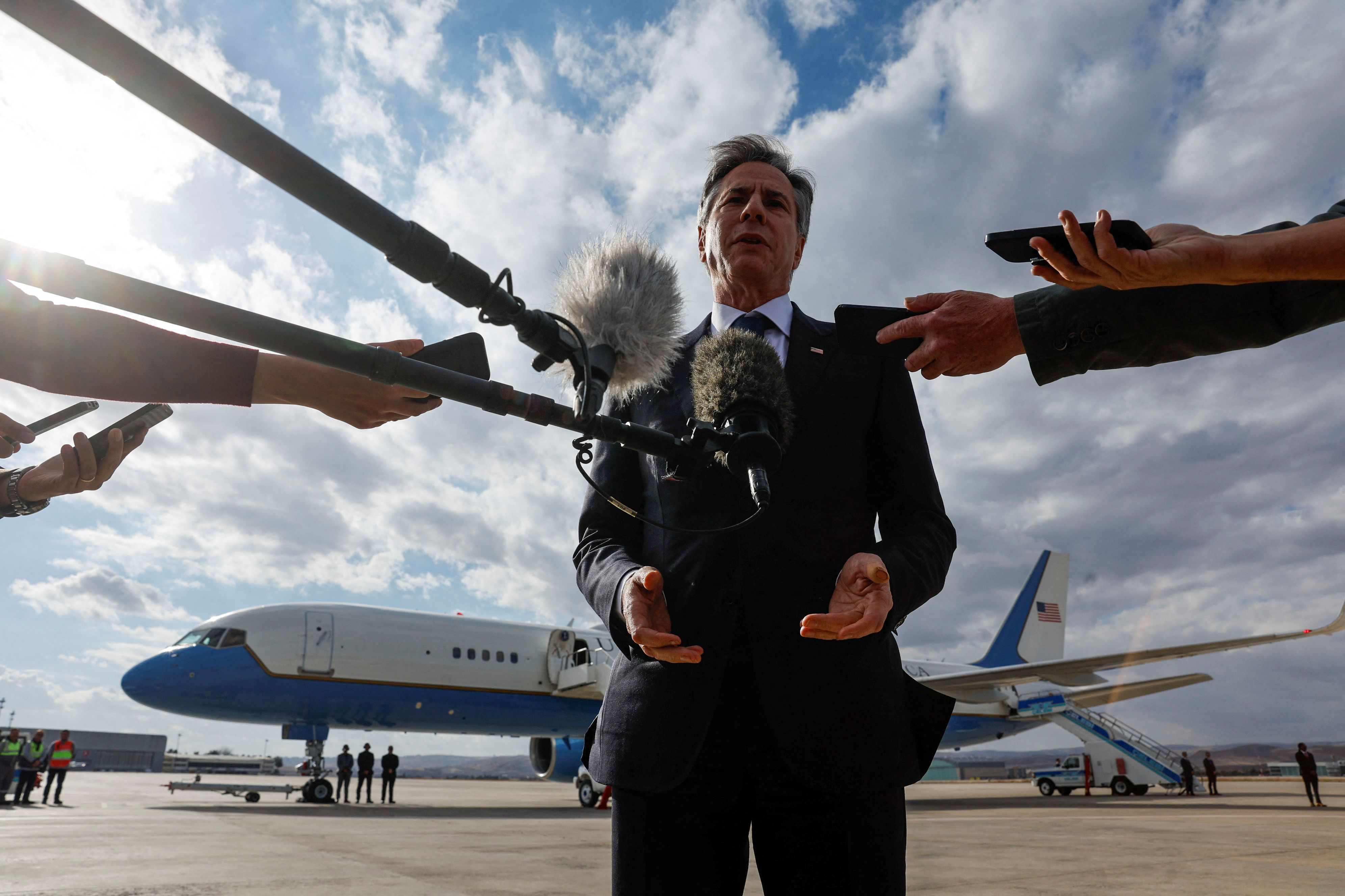 US Secretary of State Antony Blinken speaks to the media about his meetings with Turkish counterparts, amid the ongoing conflict between Israel and the Palestinian Islamist group Hamas, before departing from Ankara Esenboga Airport in Ankara, Turkey November 6, 2023.