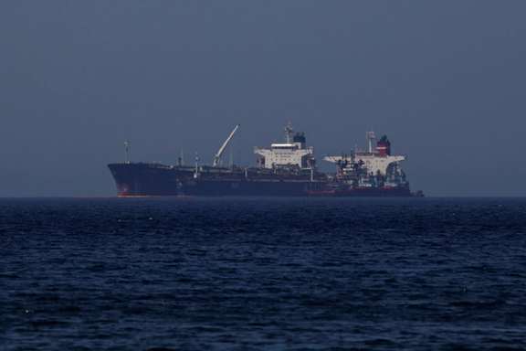 The Liberian-flagged oil tanker Ice Energy transfers crude oil from the Iranian-flagged oil tanker Lana (former Pegas), off the shore of Karystos, on the Island of Evia, Greece, May 26, 2022.