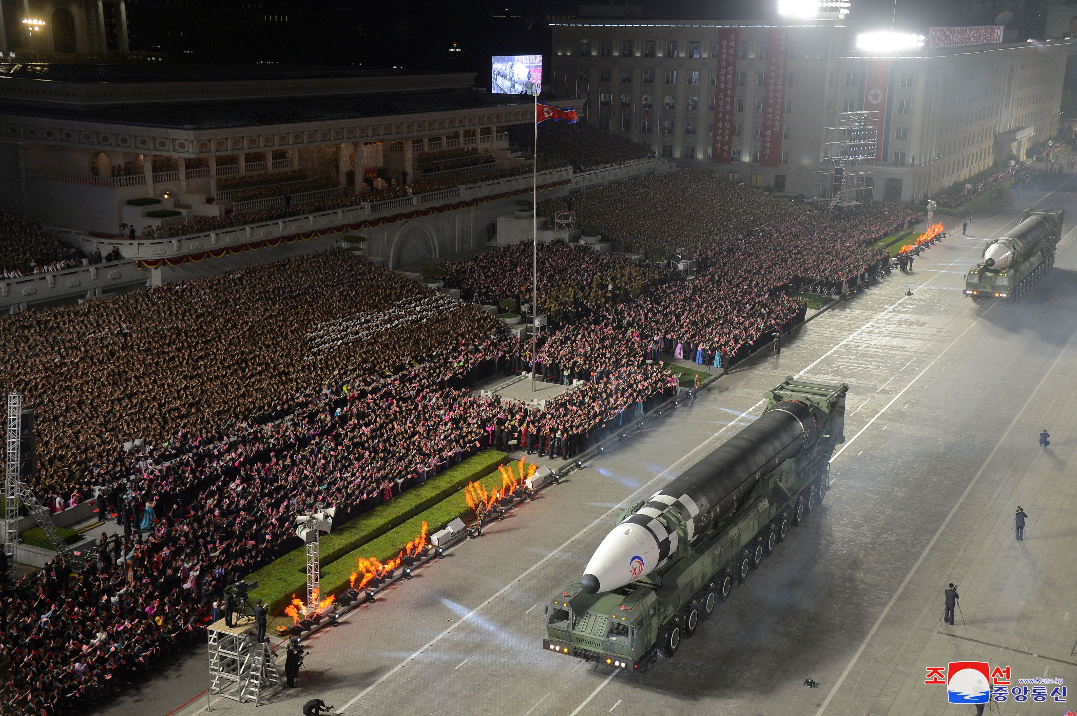 Hwasong-17 intercontinental ballistic missiles take part in a nighttime military parade to mark the 90th anniversary of the founding of the Korean People's Revolutionary Army in Pyongyang, North Korea. (April 2022)