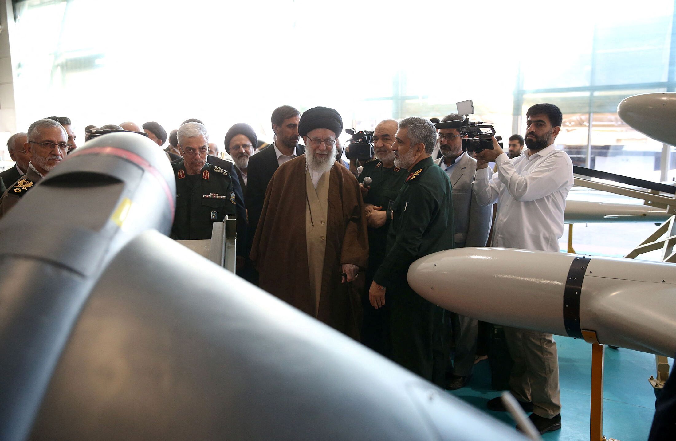 Iran's Supreme Leader Ali Khamenei looks at an Iranian drone during his visit to the IRGC Aerospace Force achievements exhibition in Tehran, Iran November 19, 2023. 
