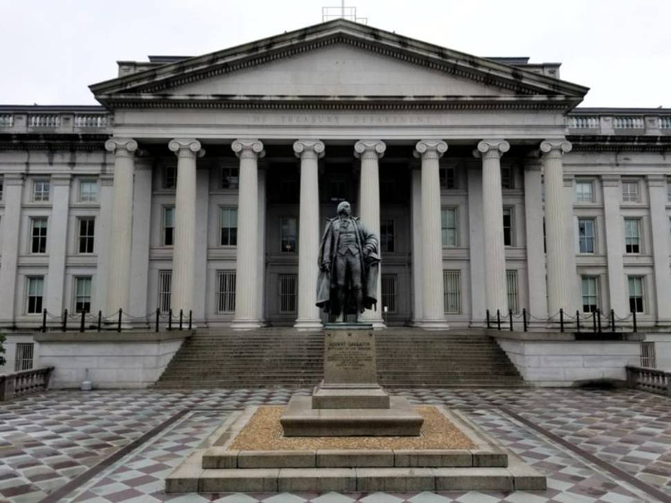 A statue of former Sen. Albert Gallatin stands at the Treasury Department in Washington, U.S., April 25, 2021. 