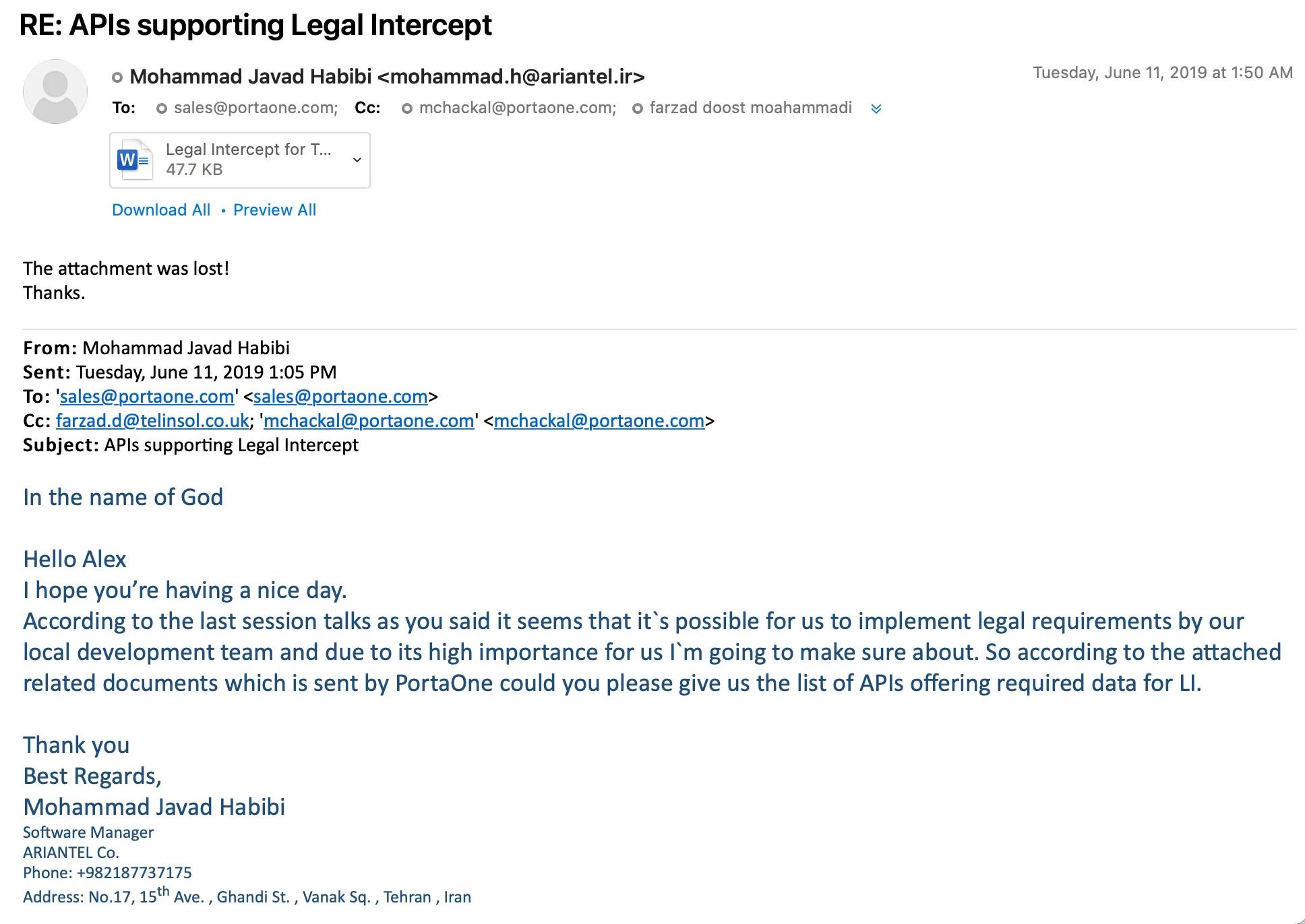 Screenshot of an email from Ariantel to PortaOne providing a project overview document including the required data for CRA Legal Intercept