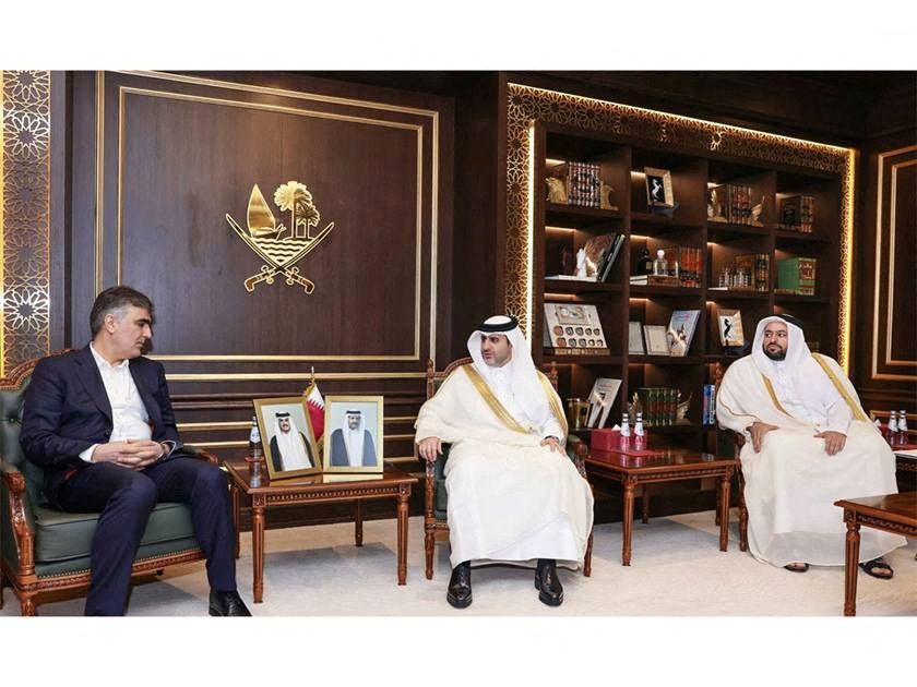 Governor of Qatar Central Bank (QCB) Sheikh Bandar bin Mohammed bin Saoud Al-Thani meets with the Governor of the Central Bank of the Islamic Republic of Iran Mohammad Reza Farzin, in Doha, Qatar, June 14, 2023. 