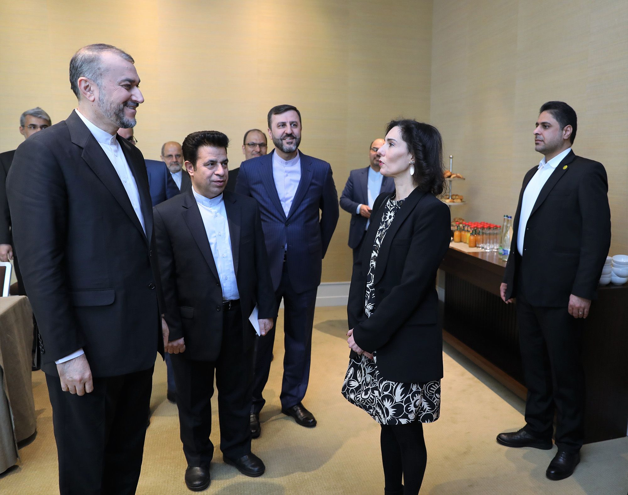 The Islamic Republic’s Foreign Minister Hossein Amir-Abdollahian (left) and Belgian Foreign Minister Hadja Lahbib met on the sidelines of the 52nd session of the UN Human Rights Council at its headquarters in Geneva on February 27, 2023.  