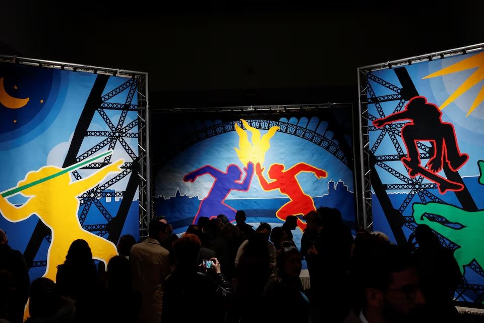 The Olympic tapestry designed by French-Iranian artist Marjane Satrapi is displayed in Paris, France, March 12, 2024.