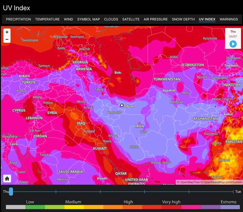 پیش‌بینی میزان تابش فرابنفش در روز پنج‌شنبه دوم مرداد در فلات ایران