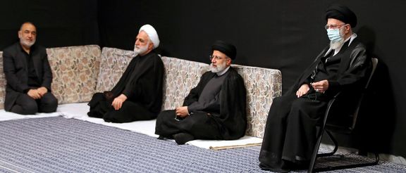 (From left) Revolutionary Gurad Commander Hossein Salami, Chief Justice Gholam-Hossein Mohseni-Ejei, President Ebrahim Raisi, and Iran’s ruler Ali Khamenei during a religious ceremony on July 26, 2023