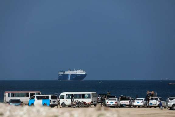 The Galaxy Leader commercial ship, seized by Yemen's Houthis last month, is seen off the coast of al-Salif, Yemen, December 5, 2023.