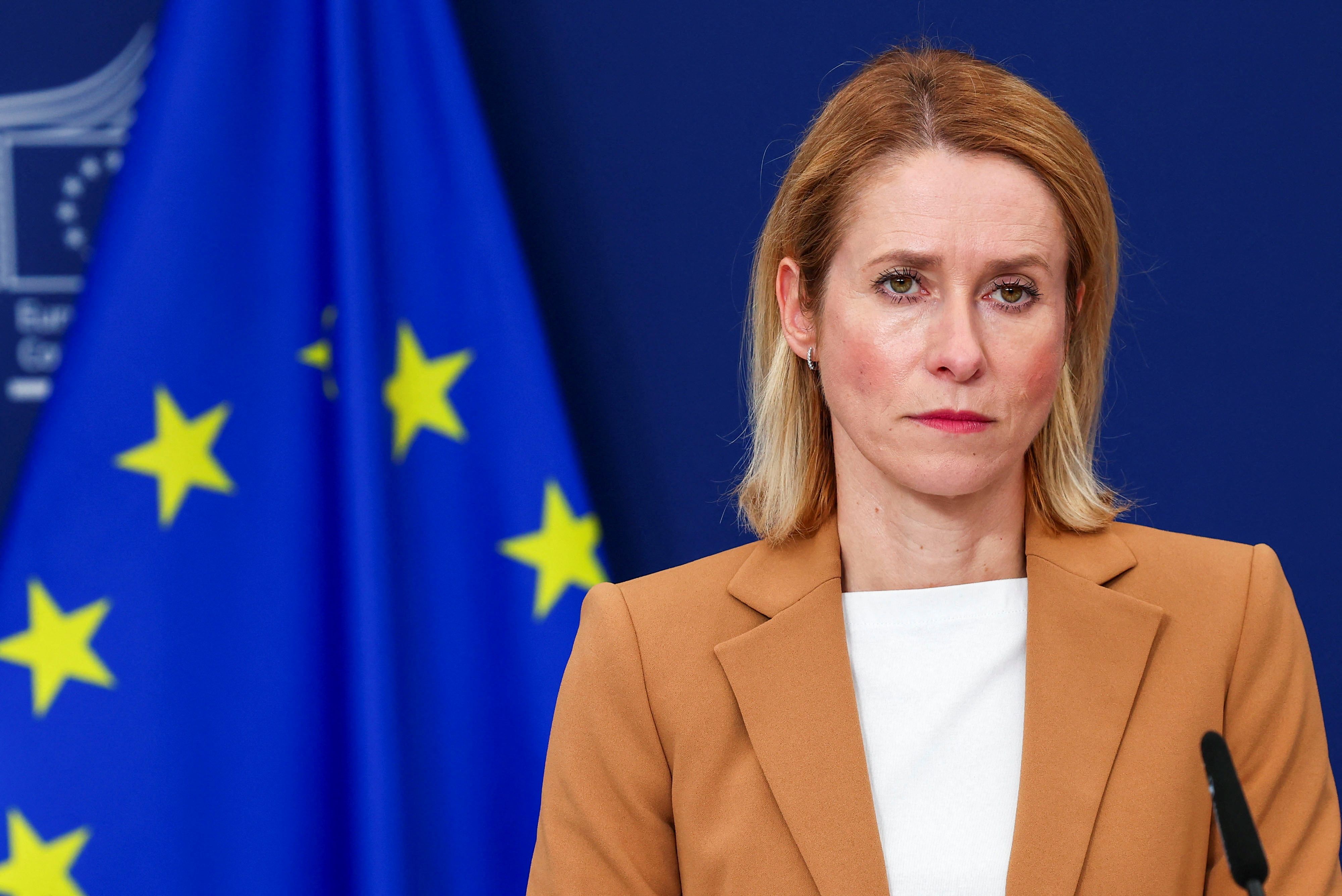 European Union High Representative for Foreign Affairs and Security Policy Kaja Kallas looks on during a press point on 18th package of sanctions against Russia, in Brussels, Belgium June 10, 2025.