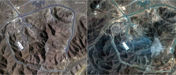 A combination picture shows satellite images over Fordow underground complex, before and after the US struck the underground nuclear facility, near Qom, Iran.