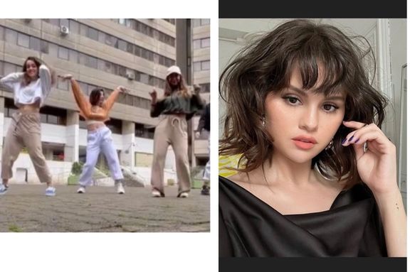 A combo photo of singer Selena Gomez and Iranian girls who danced to one of her tunes