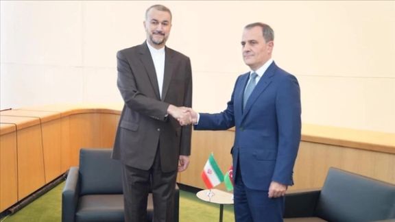 Iranian Foreign Minister Hossein Amir-Abdollahian (left) and his Azerbaijani counterpart Ceyhun Bayramov during a meeting in New York in September 2023