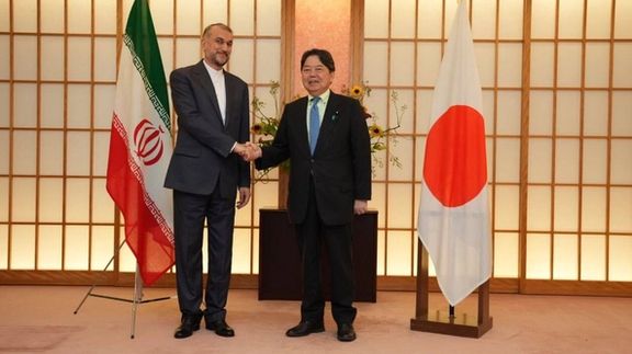 Iranian Foreign Minister Hossein Amir-Abdollahian (left) and his Japanese counterpart Yoshimasa Hayashi in Tokyo on August 7, 2023