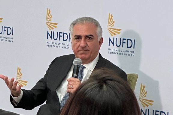 Iran’s exiled Prince Reza Pahlavi speaking at an event held by the National Union for Democracy in Iran (NUFDI) on March 13, 2023