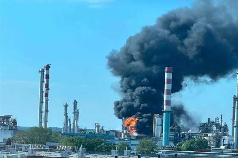 Photo published by Tasnim News Agency, affiliated with Iran’s Revolutionary Guards, shows damage following the June 8 attack on the Karoon Petrochemical Complex.