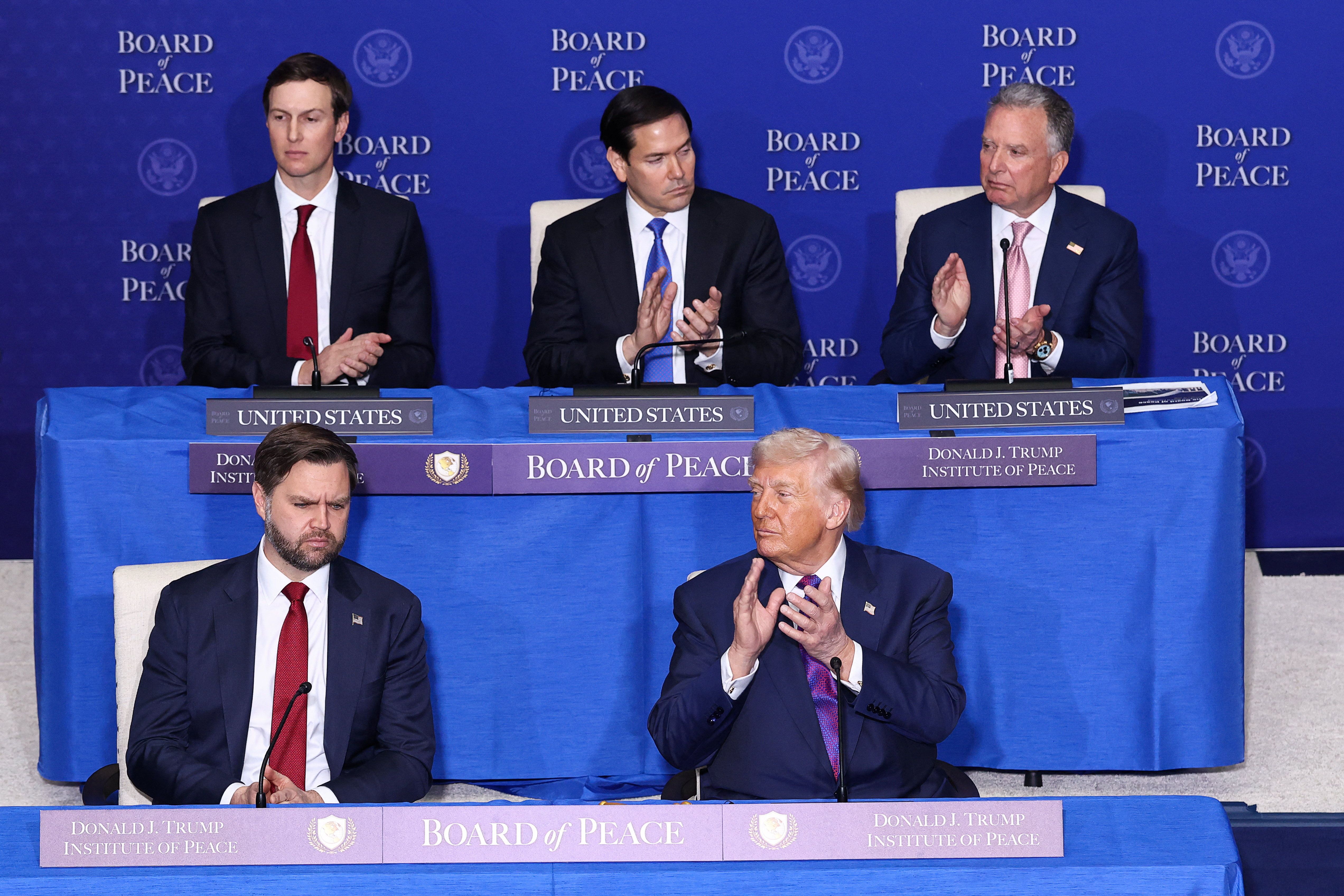 US President Donald Trump, Vice President JD Vance, Secretary of State Marco Rubio, Donald Trump's son-in-law Jared Kushner and US Special Envoy Steve Witkoff attend the inaugural Board of Peace meeting at the US Institute of Peace in Washington, DC, US, February 19, 2026